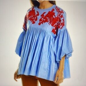 Hemant & Nandita Anthropologie Boho Embroidered Babydoll Tunic Top S